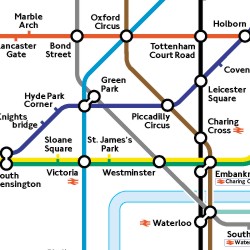 Mapa do Metro de Londres que exibe diferentes estações e rotas entre as estações. AS linhas entre as diferentes estações possuem cores diferentes, que correspondem a diferentes rotas.